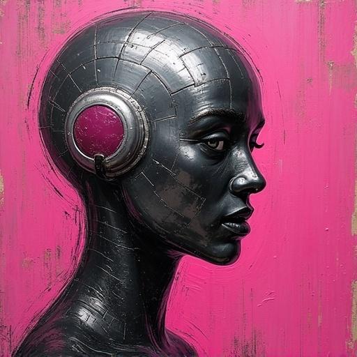 Contemporary Pop Art featuring an armored figure with a fuchsia magenta background and a color palette of silver, black, gray, and dull brown.