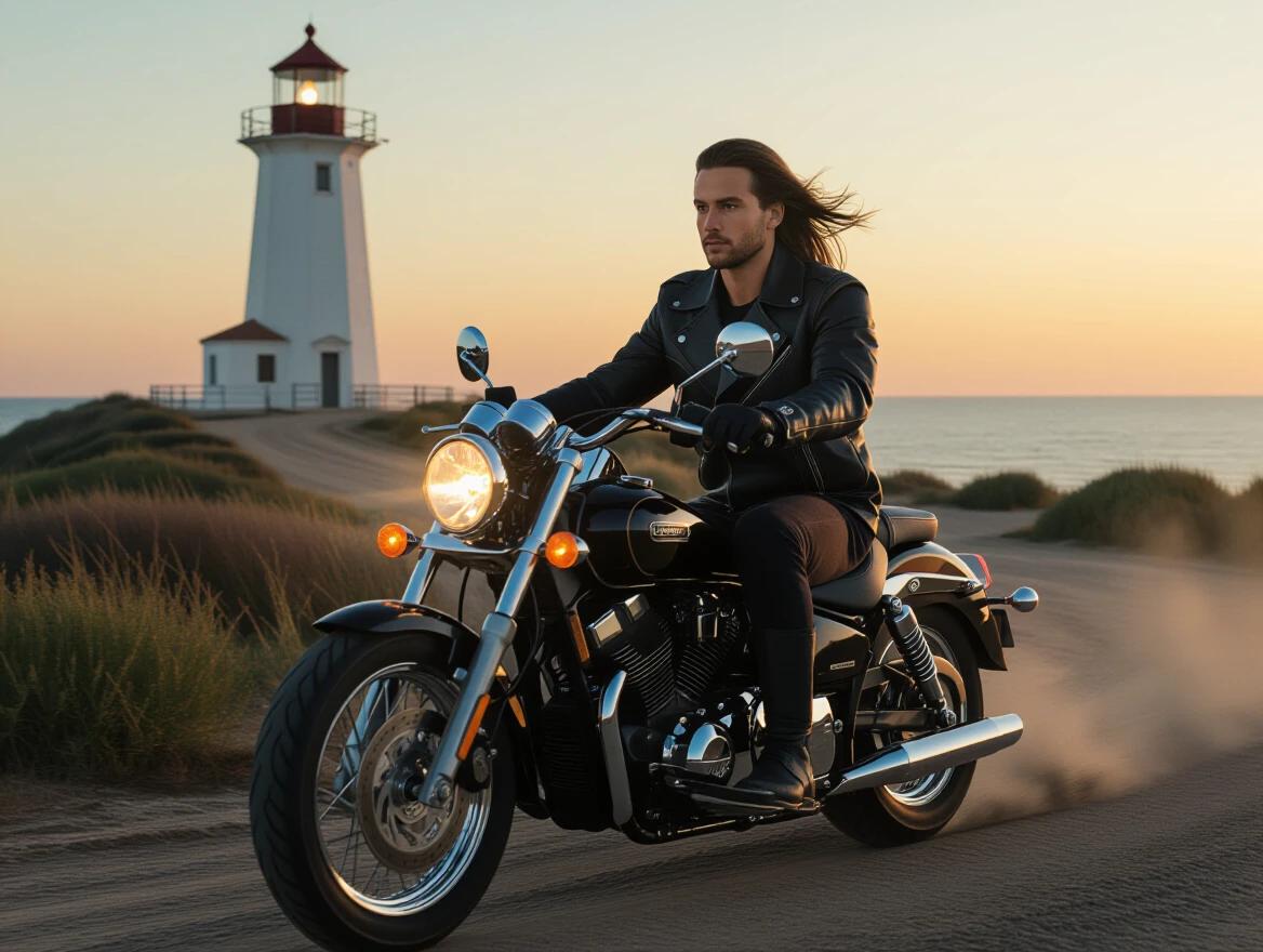 Young European man with long dark hair rides motorcycle on dirt road. Lighthouse in distance shines light. Bike emits warm light. Cool backlight highlights contours. Image has strong colors and is an oil painting.