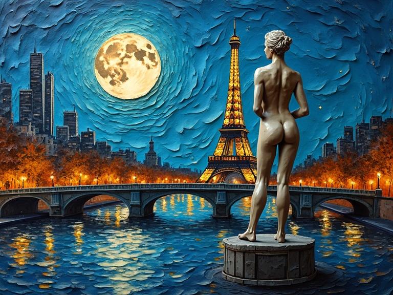 A nude female statue overlooks the Paris skyline at night. The Eiffel Tower stands prominently in the cityscape. The moon bathes the scene in soft light. The composition features dramatic metallic colors with layered textures. This digital art piece reflects the beauty of the city lights on the water. The style showcases a Van Gogh-inspired starry sky.
