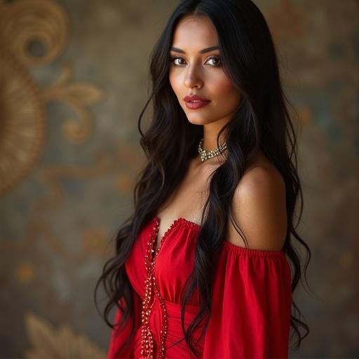 A native american lady in a stylish red dress with intricate details. She has long hair and is against a warm background with cultural motifs.