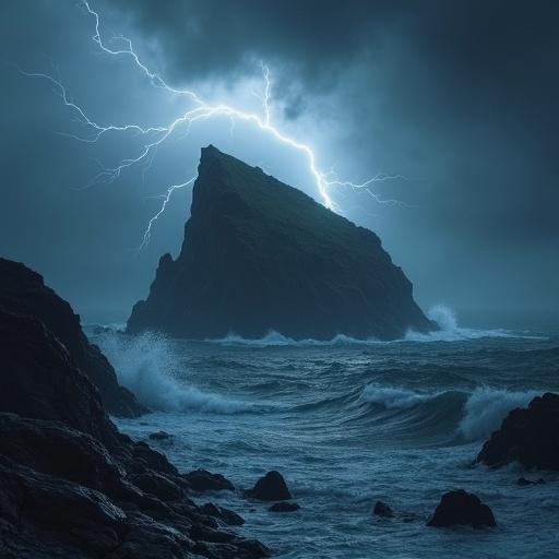 Dramatic moody scene shows rugged island in stormy ocean with dark waves crashing against sharp cliffs. Lightning flashes in dark sky. Intense powerful mood.