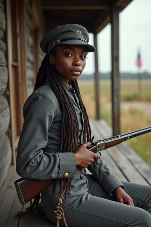 Young woman in a Confederate cadet gray uniform. Dressed in a gray warrior and kepi cap. Seated on a porch holding an 1853 Enfield rifle. Background shows a Confederate flagpole in a wooden fort.