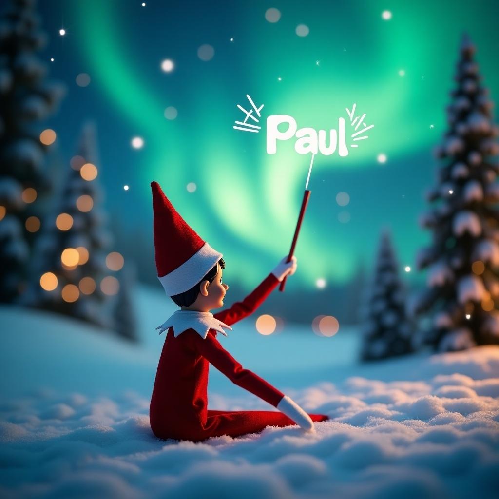 The image depicts an Elf on the Shelf with its back to the viewer, sitting in a snowy landscape. The elf is using a wand to write 'Paul' in the sky. The background is a magical Christmas scene illuminated by vibrant northern lights. The atmosphere is whimsical, with soft lighting accentuating the magical elements. There are hints of festive decorations and softly blurred trees in the background, enhancing the holiday spirit.