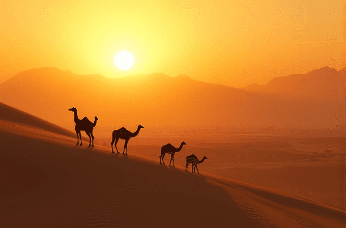 Camels walk across a sand dune as the sun sets in the background.