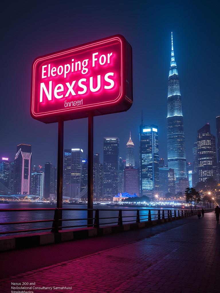 Vibrant cityscape at night with bright lights. Large neon banner displays 'Nexsus' for educational service. Lively atmosphere conveys urgency and excitement. Modern skyline reflects urban life.