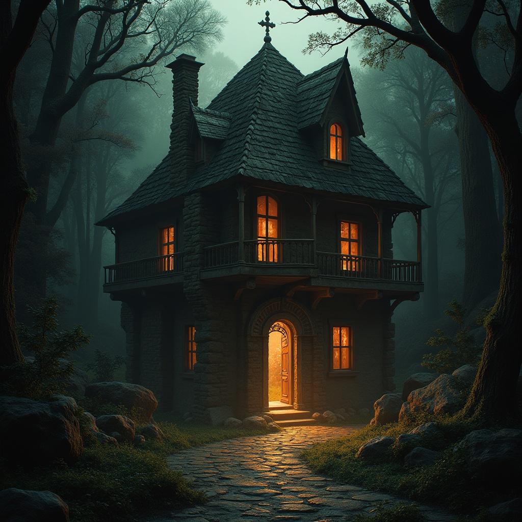 A dark house with illuminated windows in a dense forest. The house has a complex architectural design with a stone structure and a peaked roof.