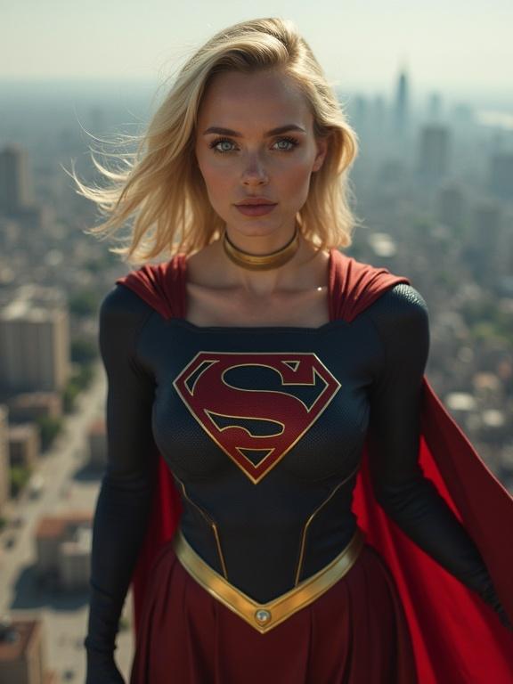 A young woman in a supergirl costume hovers over a ruined city. Professional lighting creates a fantastic realism. The woman has platinum-blonde chin-length hair. Her eyes are sapphire blue and glowing. She has pouty red lips and a petite, upturned nose. The woman has an extremely buff physique and an hourglass figure. Skin is flawless and pale. The skintight costume is black and gold with a golden emblem. A golden choker with a sapphire completes the look.