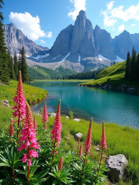 The image depicts a breathtaking natural landscape showcasing vibrant pink-red wildflowers in the foreground. A serene blue-green lake reflects the majestic mountain peaks surrounding it. The towering, jagged mountain features patches of snow. Clear blue sky adorned with fluffy white clouds enhances the scene's beauty.