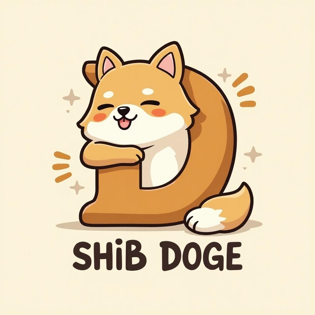 Logo design features a Shiba Inu dog hugging the letter D. The dog appears happy and friendly with distinct spots. Below the character bold text reads SHIB DOGE.