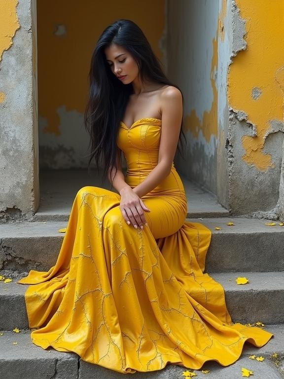 A woman with long black hair sits on stone steps. She wears a golden-yellow gown resembling crumbling concrete. The dress has cracks showing gray underpainting. The texture appears dry and fragile. Her right hand rests on her knee. Her left arm is folded across her torso. Walls share the same yellow hue with cracks like the gown. Small fragments scatter around her feet. Soft golden-hour light highlights the scene.