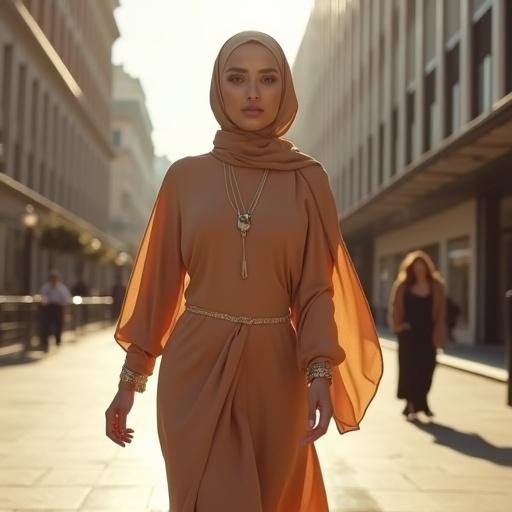A stylish confident woman represents the Modanisa brand. Full-body shot walking in a sunlit city street. Wears sophisticated flowing modest attire with artistic jewelry. Hijab draped in modern style. Vibrant upscale urban setting emphasizes fashion and lifestyle.