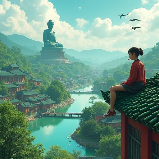 A serene landscape combines Jiangnan beauty with Japanese influences. Traditional green roofs and red walls are nestled in a lush town. A schoolgirl is sitting on a roof and smoking. Below, a water city is visible. In the distance, a giant Buddha stands tall above the buildings, and two dragons are flying in the sky. She descends the steps, leaning over the water where fish swim and bubbles rise. The scene depicts a quiet, endless world between dreams and reality.
