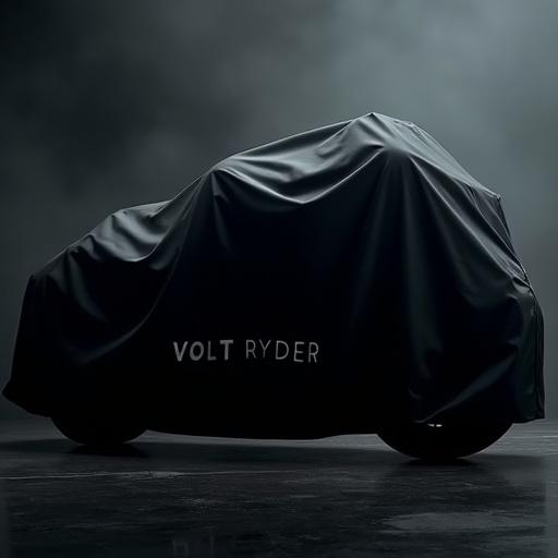 Dark silhouette of a new electric motorcycle model under a black silk cover. Moody spotlighting and mist surrounding the scene. A few chrome accents are subtly visible. Bold text on the side reads 'Something Powerful is Coming. 07.15.25'.