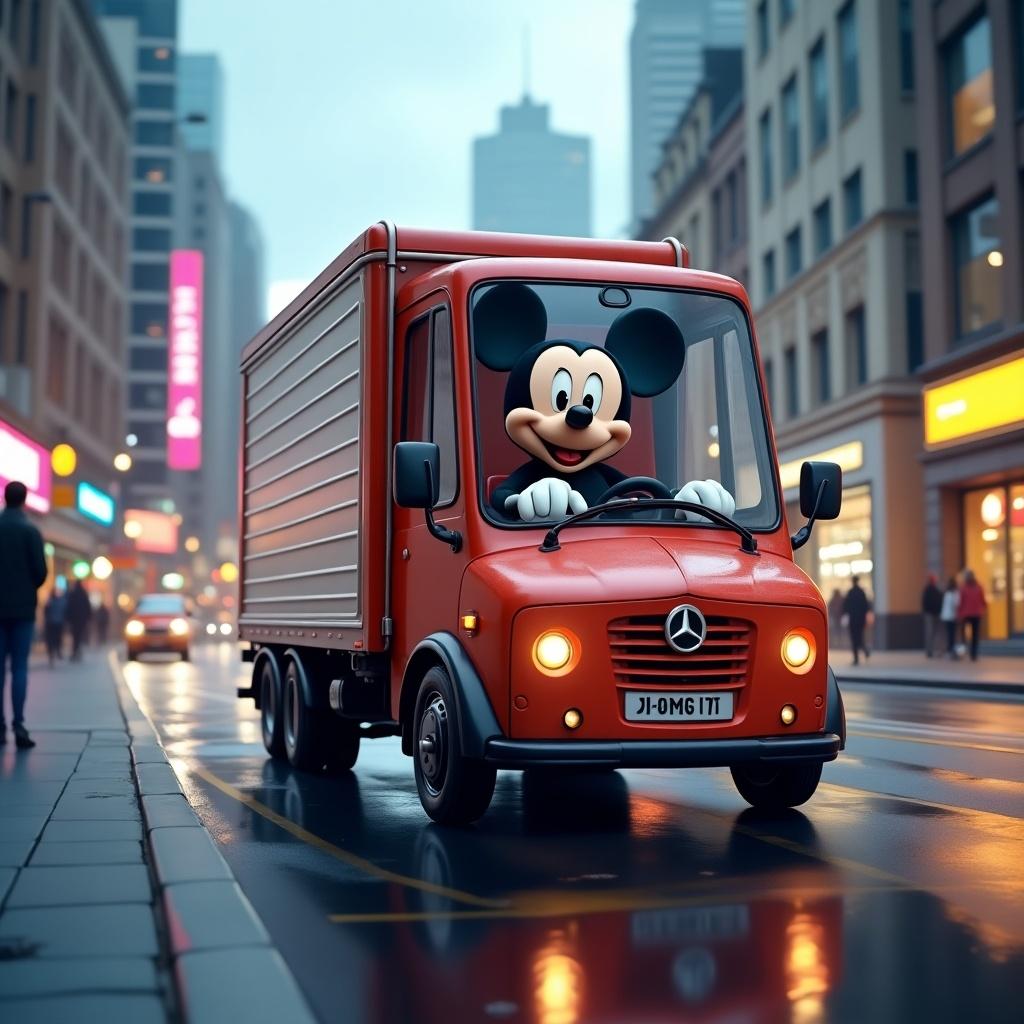 A cartoon character, Mickey Mouse, is depicted driving a red cyber truck in a vibrant city. The scene captures an energetic urban ambiance with bright neon lights and a wet street reflecting the surroundings. Mickey is smiling and appears cheerful, bringing a whimsical touch to the vehicle. The truck is a modern design, showcasing features of a cyber truck while being cartoonishly styled. The backdrop includes tall buildings and pedestrians, adding to the lively city atmosphere.