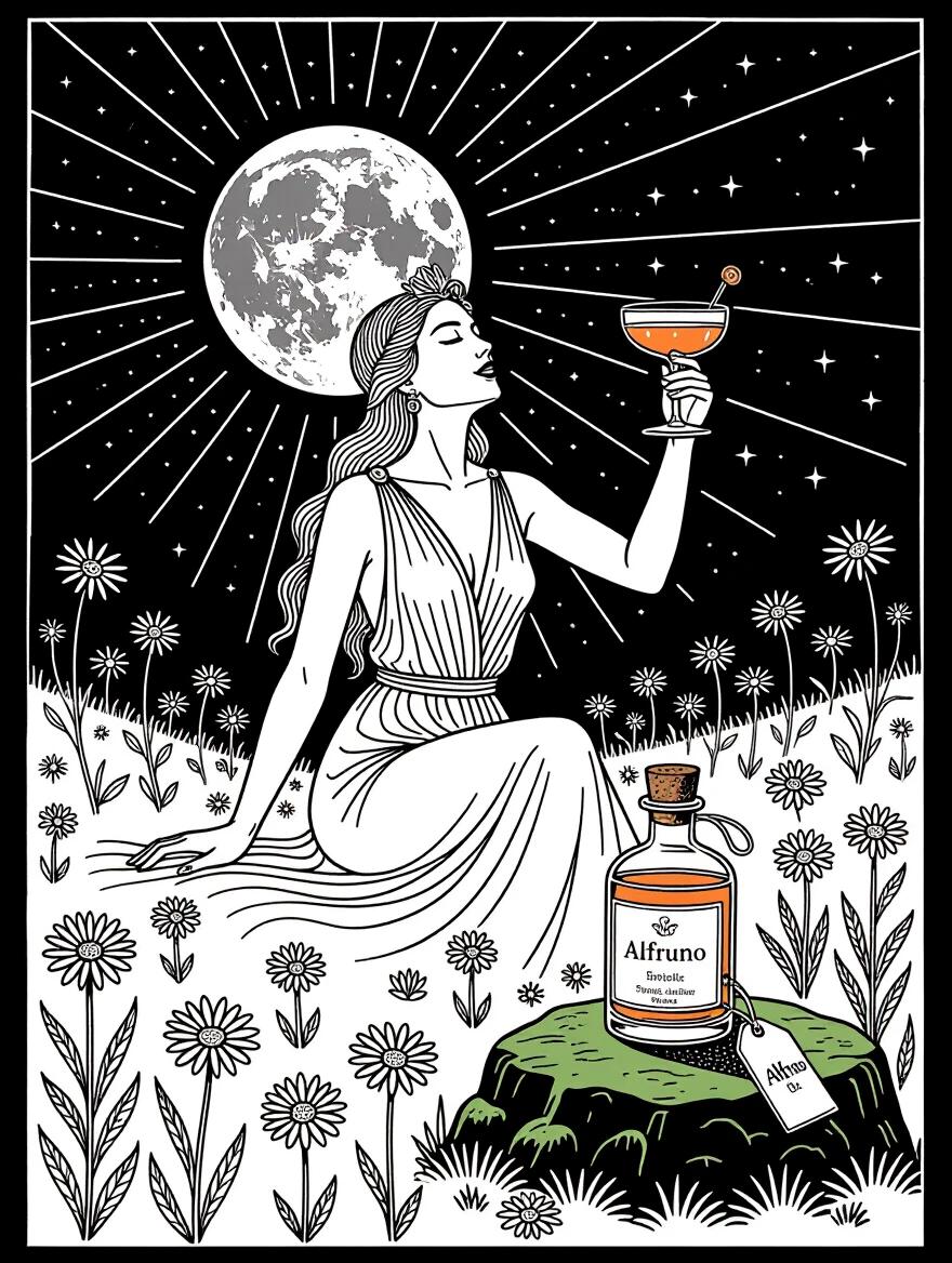 Minimalist line art drawing of a Venus goddess. She has a fisheye lens distortion. She is seated in a wildflower field. Goddess holds a cocktail glass. An apothecary bottle labeled Alfruno sits on a stone. Bottle has a cork lid and a hang tag. Background is deep indigo with thick black outlines. Scene has positive and negative space interplay. Simple and elegant style with dark mystery.