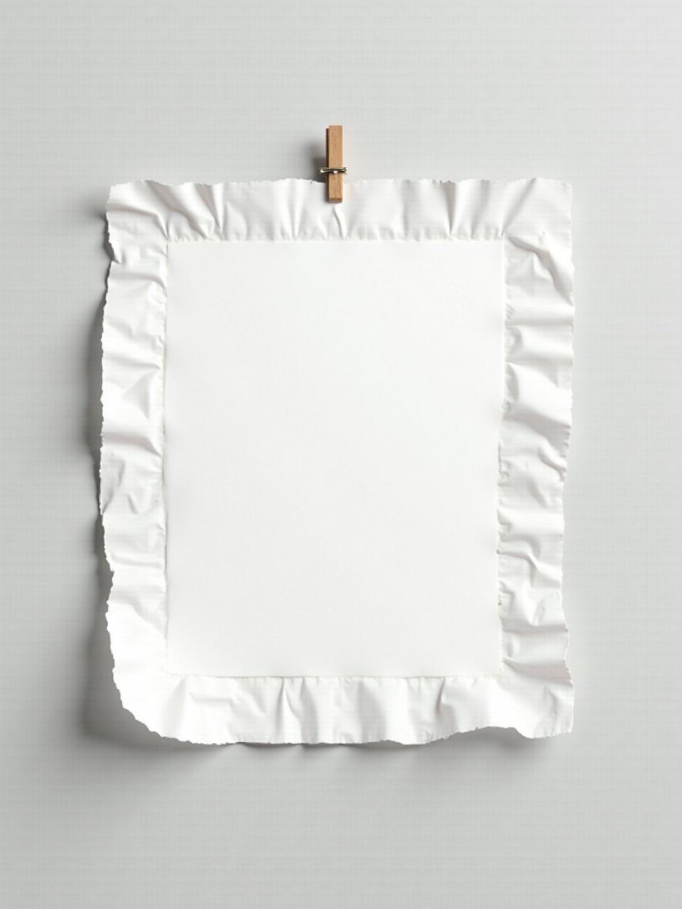 The image features a piece of white paper with ruffled edges hanging on a light gray wall. The paper is suspended by a simple wooden clip. The overall appearance is minimalist and clean, offering a blank canvas for creativity. The soft lighting casts gentle shadows, enhancing the texture of the ruffles. This presentation creates an inviting atmosphere for artistic expression.