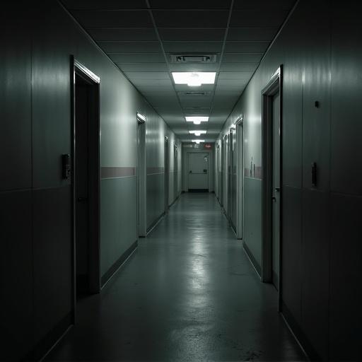 Scene depicting an unsettling hospital corridor captured with a surveillance camera effect. Dark tones with a dynamic angle from the left corner. Limited lighting creates a creepy atmosphere. Two doors on the right, one double door on the left side, and a double door at the end. Dust and small interferences visible in the infrared lighting. Overall, the space feels clean yet disturbing with gray tones.