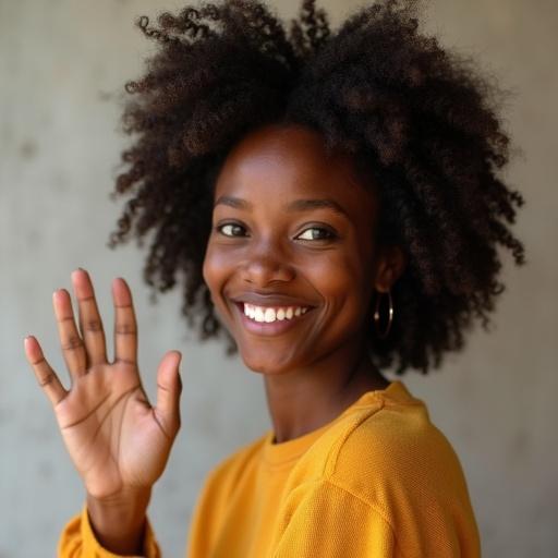 A smiling girl with curly hair waves at the camera. She has a joyful expression and wears a bright top. The setting is casual and inviting.