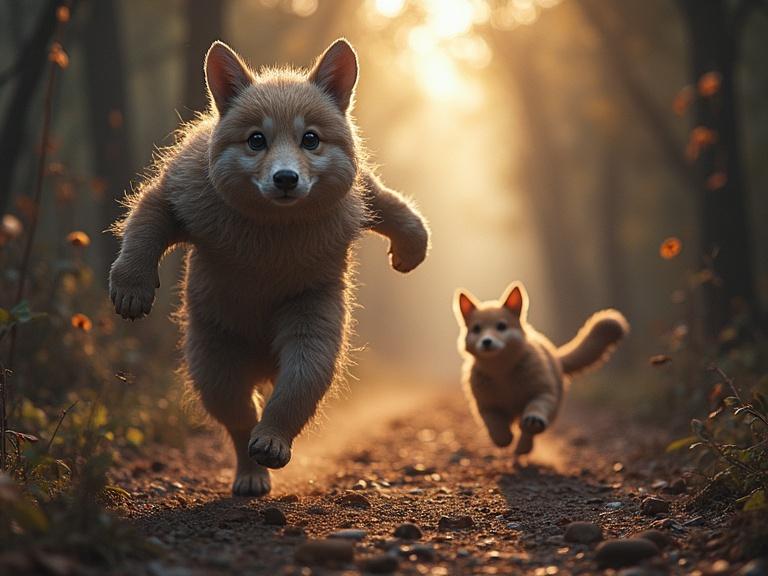 Two adorable creatures are running along a forest path during a warm-lit moment. The scene is filled with a magical, inviting atmosphere.