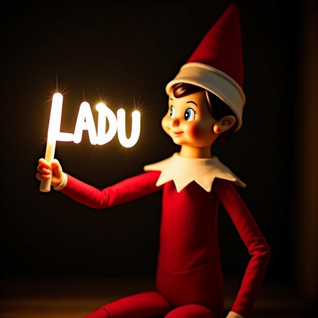 An elf character dressed in red and white attire sits in a dark background. The elf holds a glow stick that spells 'LADU' in bright light. The scene is festive, evoking joy during Christmas season.