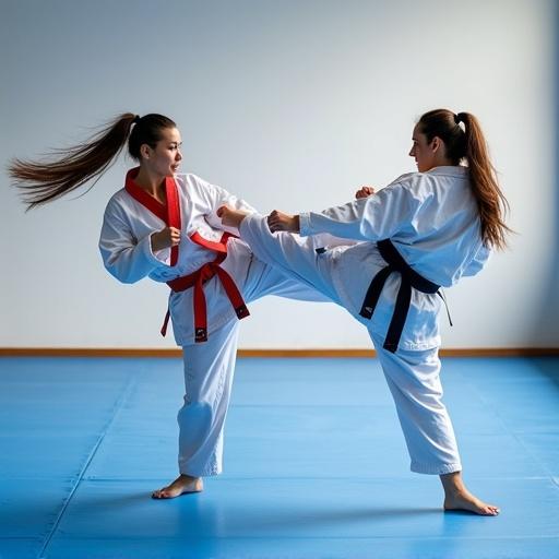 Dynamic martial arts training session in a gym. Two women engaged in sparring. One executes a powerful high kick. Foreground woman in white and red uniform. Background woman in light blue uniform in defense. Blue gym floor and white walls. Intense atmosphere of action and skill.