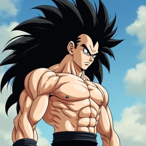 Raditz from Dragon Ball Z depicted with a muscular body and thick thighs. Character has black slips visible, pale skin, and long spiky black hair reaching his legs. The face has prominent features including high cheekbones, an irregular jaw, and a cruel smile. Eyes are large with small black irises, one squinting to enhance a threatening look.