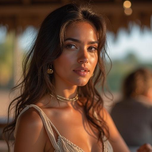 An elegant and beautiful American woman smiling gently in a warm setting
