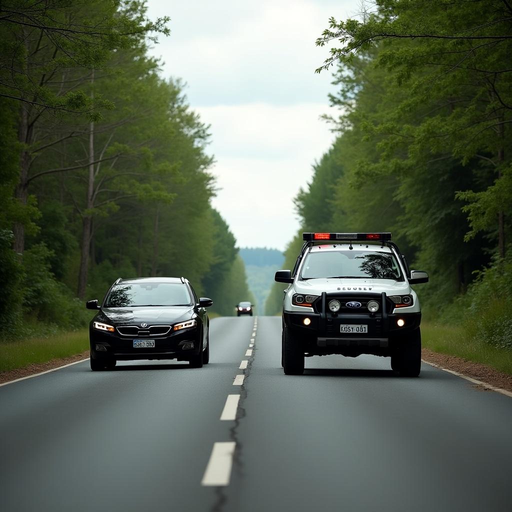 One car and a security pick up driving in convoy on a narrow bushy road. Label the vehicles one and two.