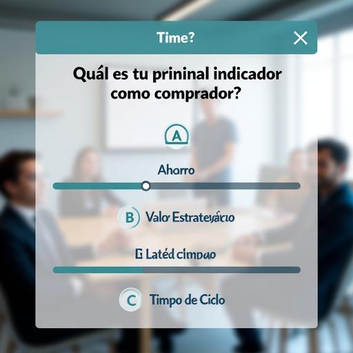 A quiz visual featuring a timer bar asking about the main buyer indicator. Answer options include Ahorro, Valor Estratégico, and Tiempo de Ciclo. Modern UI style with a blurred corporate meeting room in background. Targeted at Mexican consumers.