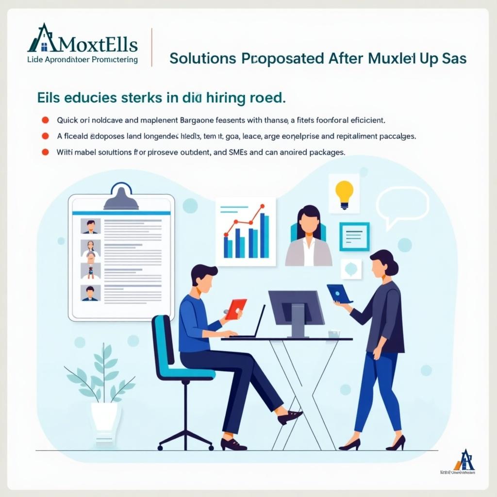 Illustration of a professional environment. Two individuals discussing hiring solutions with documents and charts. Background includes a checklist and profile images. Focus on collaboration in recruitment processes.