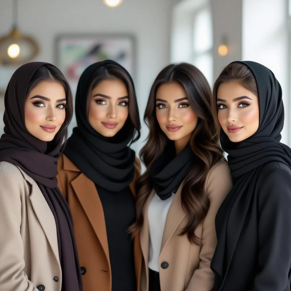 Realistic depiction of multiple Muslim women teachers with ethnic backgrounds. Group features various hairstyles, dark skin tones, and stylish clothing in a modern setting.