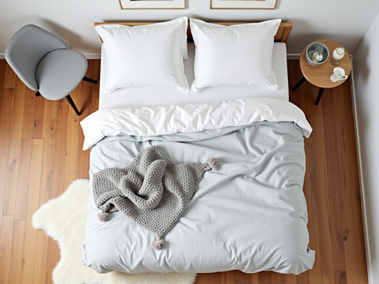 This image depicts a modern bedroom from an overhead perspective. The bed is neatly made with white pillows and a light gray blanket. A textured gray throw is draped casually on the bed. A cozy rug with an abstract shape is placed beneath the bed. Next to the bed, there is a small wooden table holding a glass and a few decorative items. The floor is wooden, adding warmth to the design. Overall, the room has a minimalistic and contemporary aesthetic.