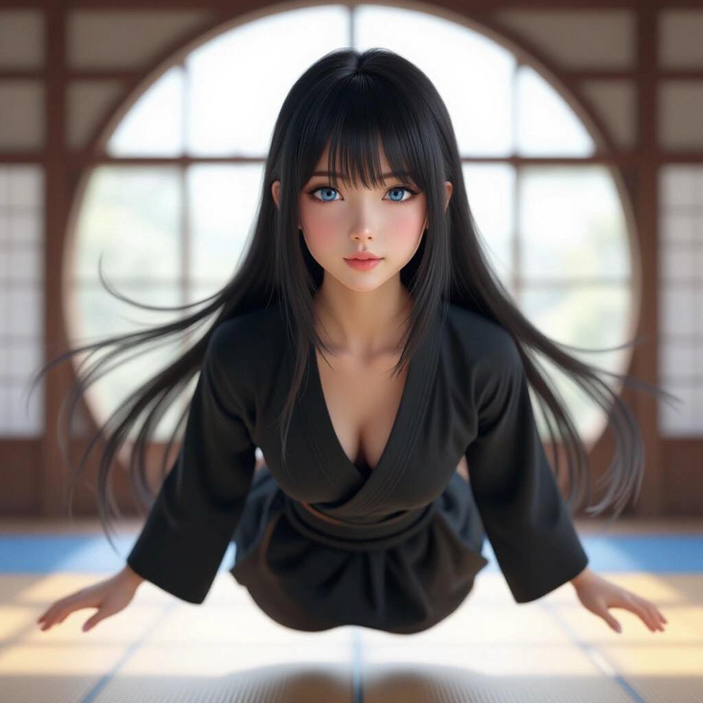 Ultra realistic depiction of a Japanese girl with long flowing hair and bangs. She floats in a dojo with a confident expression. Focus on blue eyes and detailed features.