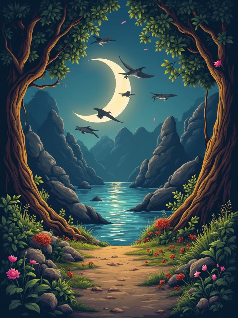 A serene fantasy landscape features a moonlit river surrounded by tall mountains. The scene is framed by large trees. Birds fly above. Flowers bloom along the pathway. A magical and tranquil atmosphere is present.