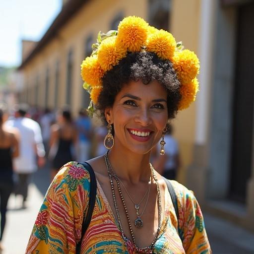 Woman in Pelourinho, Salvador de Bahía. Dressed in a typical frilled outfit. Distributing ribbons of Nosso Senhor de Bonfim. Surrounded by a vibrant street life.