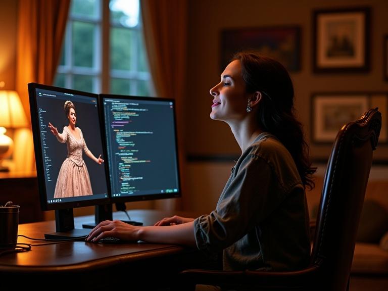 Nighttime atmosphere with warm ambient lighting. Classic-style room with wooden furniture and soft lamp glow. Developer coding Python using Vim on left monitor. Right monitor playing Katherine Jenkins video in concert dress. Developer at antique wooden desk with modern dual-screen setup. Beautiful clean Python code on one screen and Katherine Jenkins in performance on the other. Developer relaxed with eyes closed and a smile, experiencing harmony of coding and music.