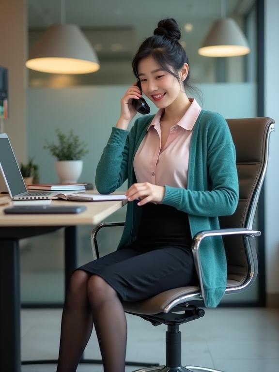 Full body image of young Korean female secretary sitting at desk and answering telephone. She wears blush pink blouse, black knee-length skirt, teal cardigan, dark-brown pantyhose, and black pumps. Black hair is neatly bunned. Light makeup and cute smile. Desk has laptop and dossiers. Office building background with vivid lighting.