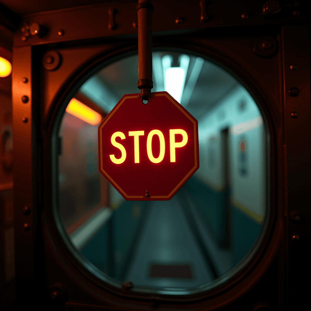 An illuminated stop sign hangs in a dimly lit corridor, casting a warm glow.