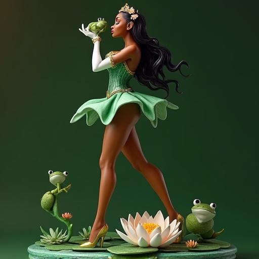 High-quality resin figure inspired by Tiana from The Princess and the Frog. Dark-skinned woman in a flirtatious pose, leaning forward to kiss a small frog. Emerald green corset with gold details, petal-shaped miniskirt, golden tiara, long hair, elegant heels. Background features floating lilies and enchanted pond base. Ultra-detailed and elegant style.