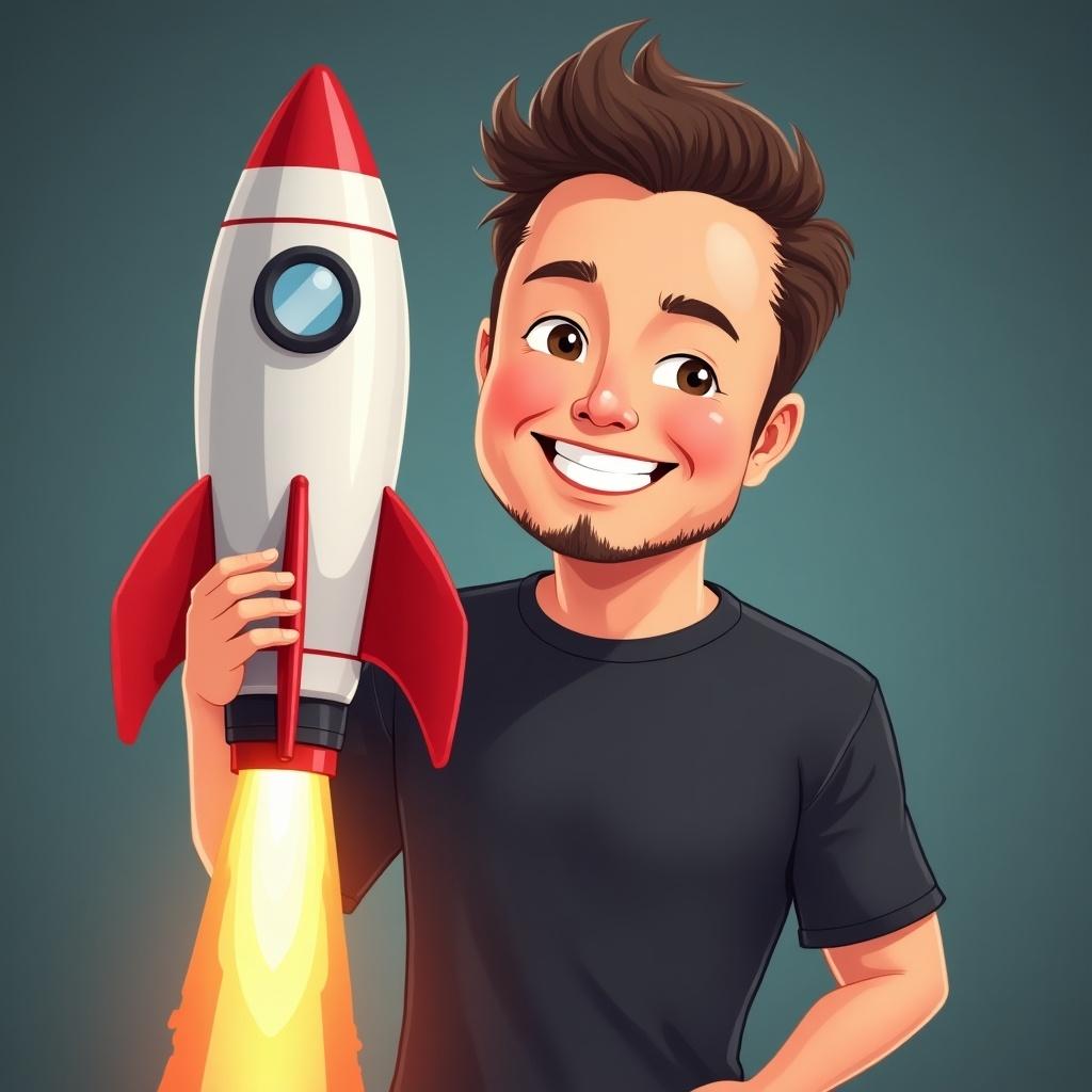 Cute image of a young man smiling while holding a toy rocket. The background is blue with a soft glow. The character has a casual outfit and a friendly expression. The toy rocket is designed like a classic spaceship.