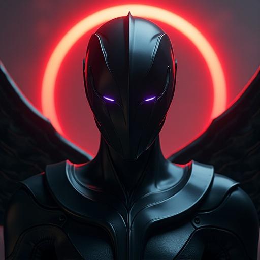 Portrait of a dark angelic being in obsidian-black armor. Smooth, polished finish with curved wings and glowing violet eyes. Calm and beautiful face under a sleek helmet. Floating in a void with a crimson eclipse behind. Ominous lighting with ultra-detailed textures.
