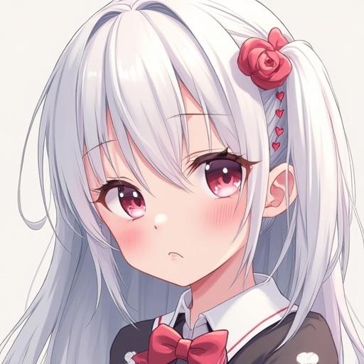 a cute anime girl with white hair and pink eyes, wearing a black and white outfit with a bow
