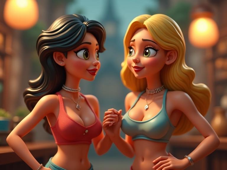 Two charming toy women interact. They wear miniskirts and tops. 3D digital cartoon style. Witty and exaggerated artwork. Colors are vibrant. Scene is satirical and funny.