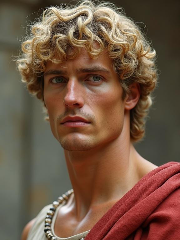 Portrait of a roman emperor with curly blonde hair. Chiseled features and smooth jaw. Tanned skin and grey green eyes. Outdoor setting with natural light. Visible torso. Hair has natural texture and length. He wears a classic robe.