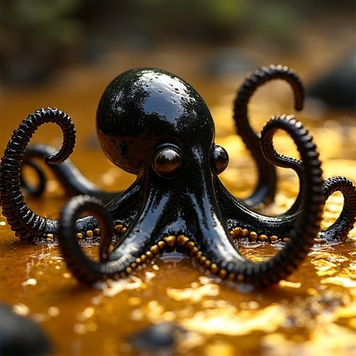 Picture of an octopus made of black gold swimming in a pond of molten gold