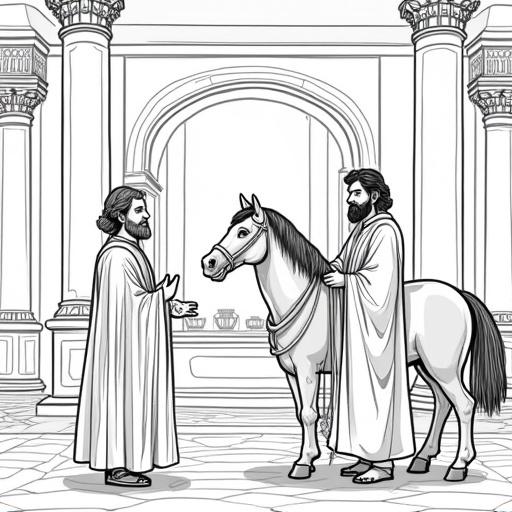 Illustration for a children's storybook in black and white line art. In a royal Persian hall, a wise man presents a life-sized wooden black horse to the astonished Persian king. The horse is elegant with glass eyes and a silver saddle. Soft style with warm tones and rounded lines. Background features columns, a red carpet and curious Persian courtiers. Horizontal format.