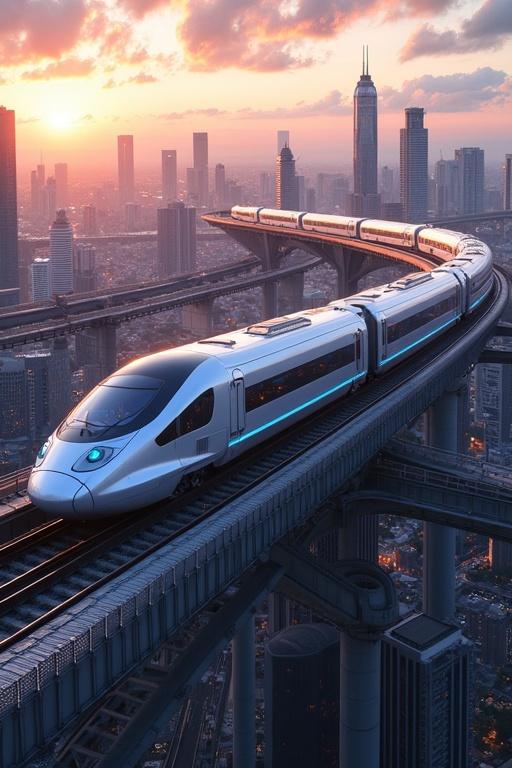 A modern high-speed train glides along a multi-level overpass in a future metropolis. The train features sleek design with illuminated elements. Skyscrapers rise in the background as dusk falls. Warm sunset colors create a dynamic atmosphere.