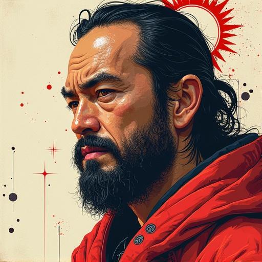 Create a portrait of a man with a beard and long hair. Use an artistic style reminiscent of Tatsuya Yoshikawa. Include elements like bold colors and graphic design features.