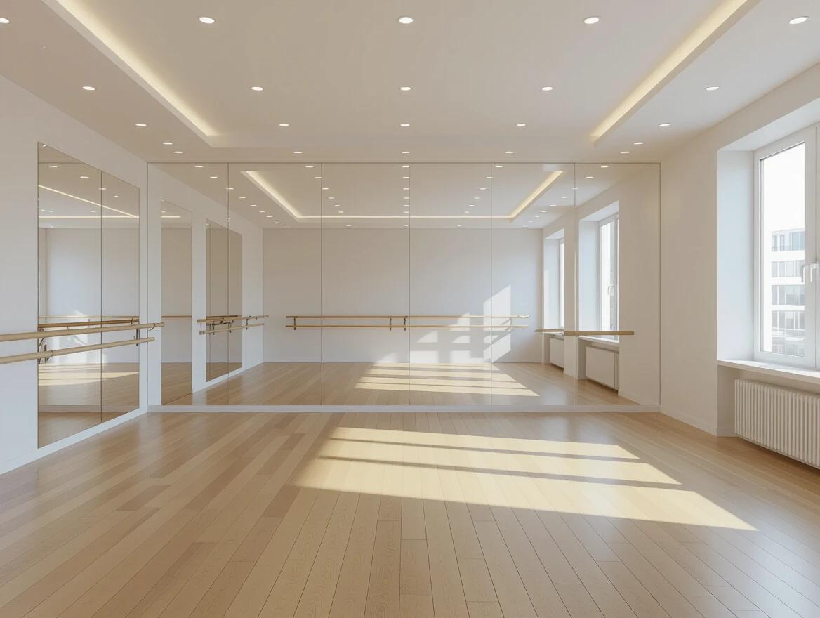 Interior of a modern dance studio on the ground floor. Polished wooden flooring enhances elegance. One full wall features large mirror panels reflecting the spacious area. Ceiling lights are soft with recessed fixtures. Walls are painted clean white or light grey. Decor is minimal to maintain openness. Ballet bar is positioned along the mirrored wall. The space is designed for movement with ample room. The rendering is photorealistic at 8k quality showing soft reflections on the floor and mirror.