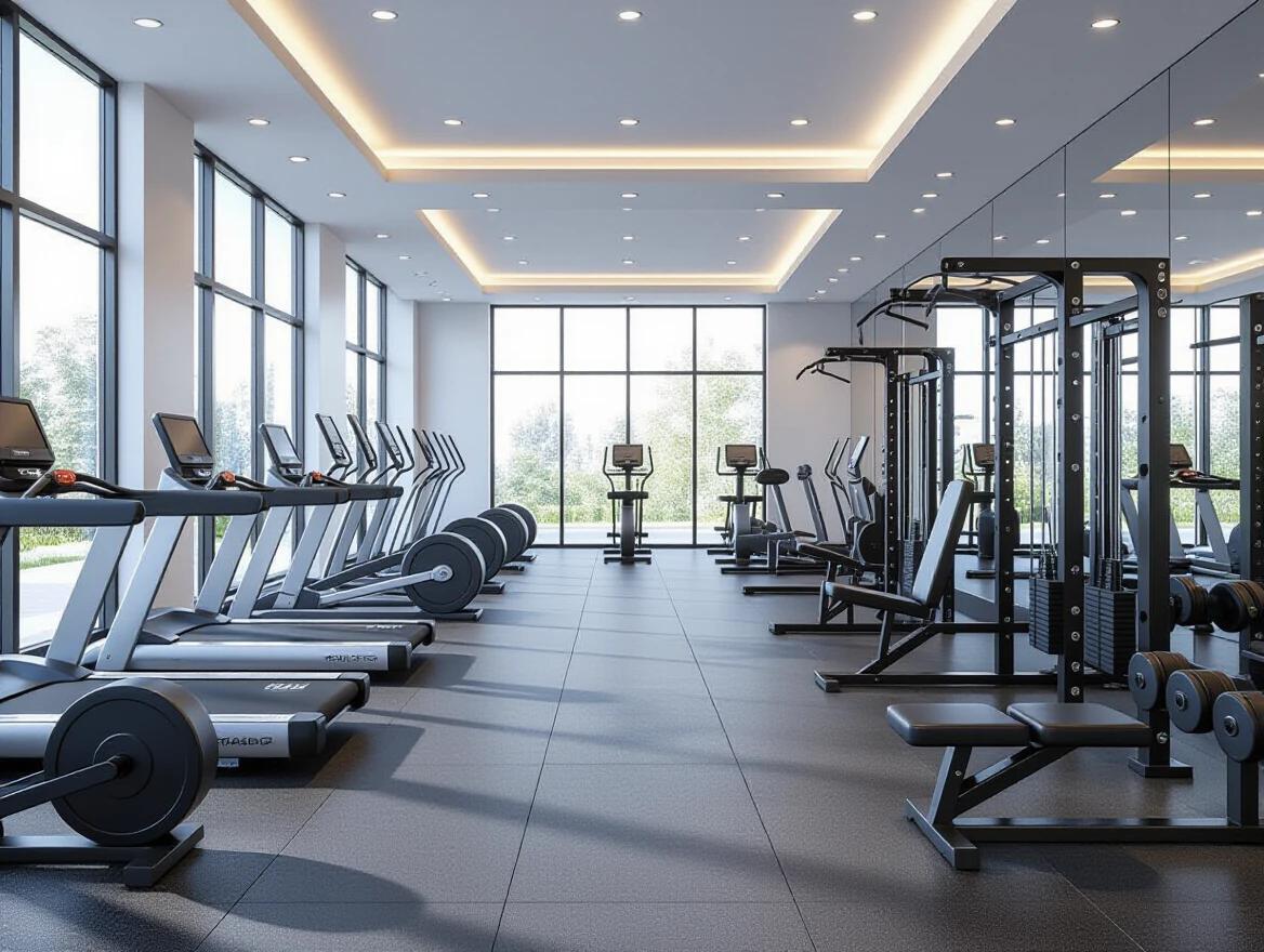 Spacious and ultra-luxurious modern indoor gym. High ceilings with floor-to-ceiling windows. Gym equipment includes treadmills, elliptical machines, stationary bikes, weight benches, squat racks, dumbbells, cable machines. Neatly arranged in separate zones. Premium rubberized flooring. Wall mirrors reflecting the gym layout. Ambient recessed ceiling lighting. Calm daylight entering from windows. 8k photorealistic render. Luxury fitness club atmosphere. No people in the scene.